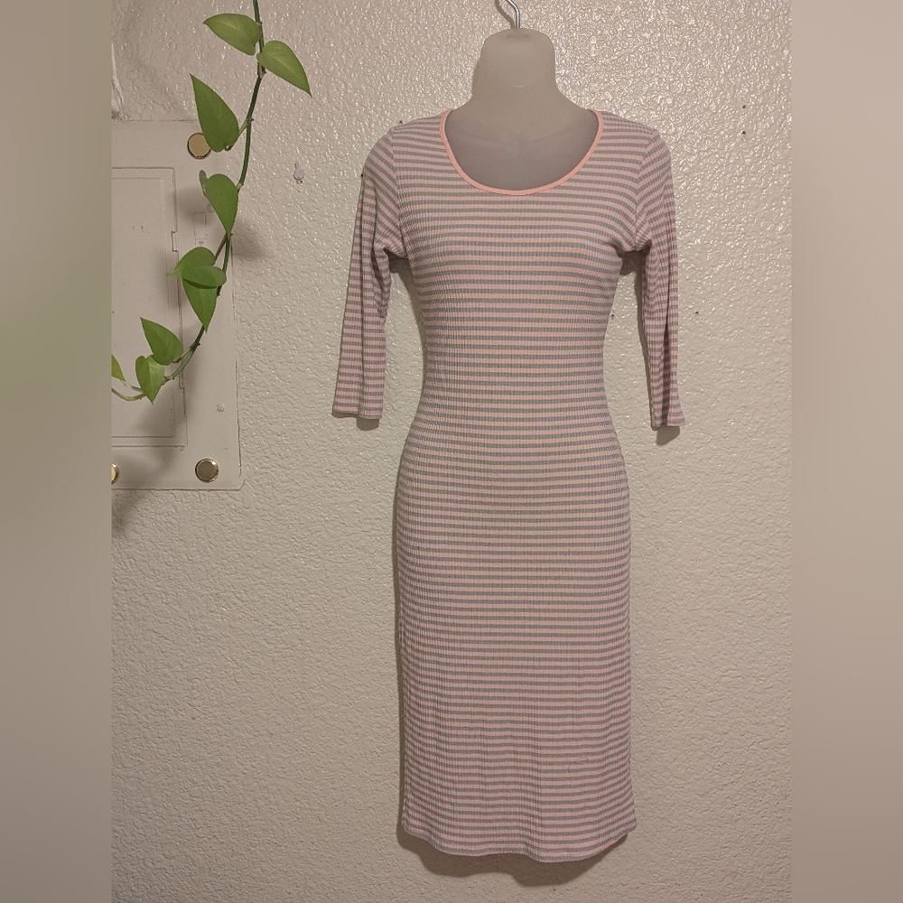 Pink and gray striped sweater dress